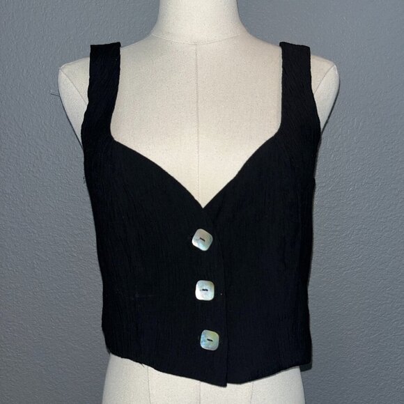 JASON WU BLACK Sleeveless Crinkle Tank Mother Of Pearl Buttons NEW WITH TAGS - S - Picture 1 of 10
